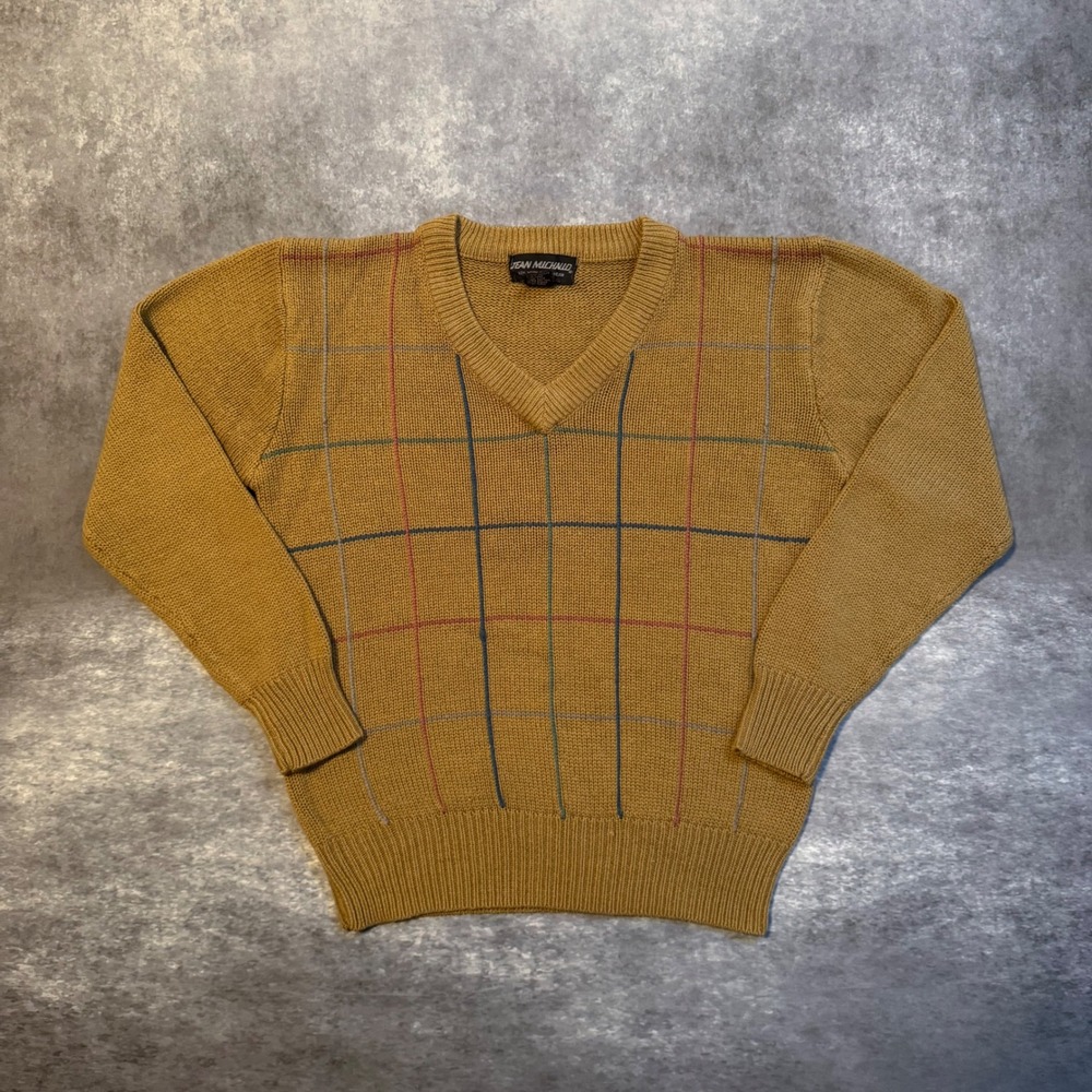 Vintage Jean Michaud Mens V-Neck Sweater M Mustard Yellow Plaid Acrylic 80s